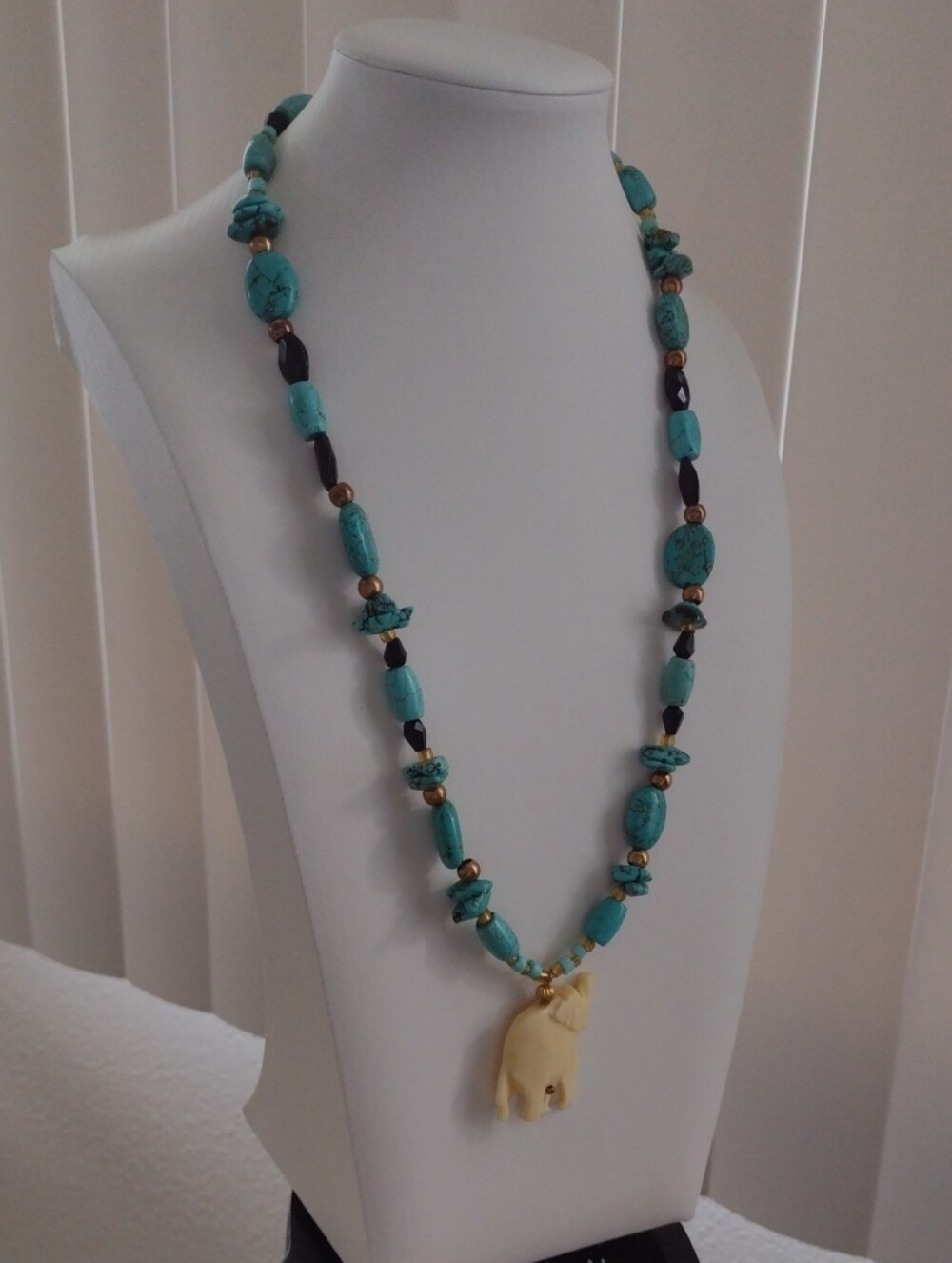 Turquoise Beaded Elephant Carved Bone Pendant Necklace - Women Jewelry